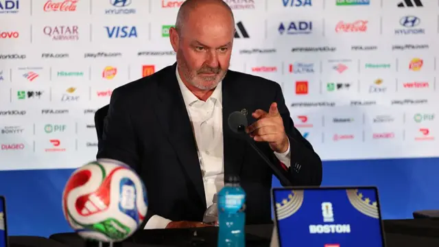 Scotland manager Steve Clarke points his finger at journalists during the post-match news conference
