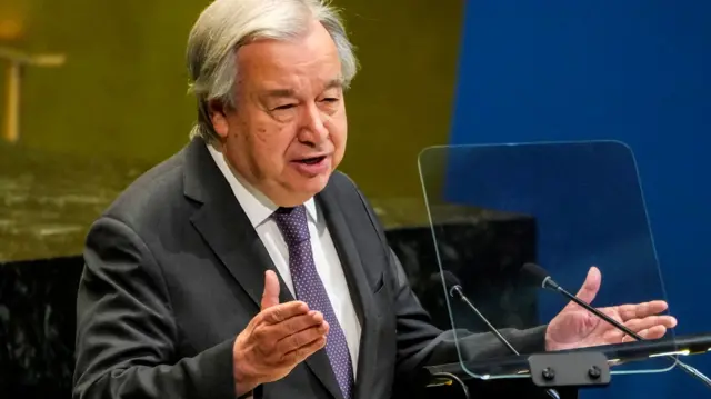 United Nations Secretary-General Antonio Guterres speaks to delegates during a meeting on Nuclear Non-Proliferation Treaty at U.N. headquarters in New York City, U.S., April 27, 2026.