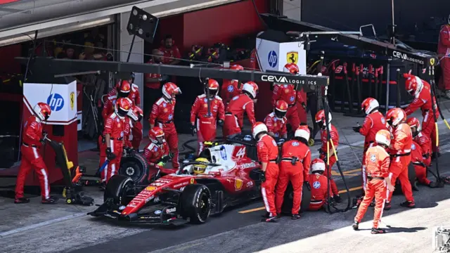 Hamilton during a pitstop at the Barcelona GP