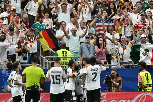 Germany's players celebrate their sixth goal during the 2026 World Cup Group E football match between Germany and Curacao