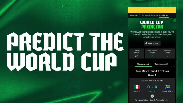 A graphic with the text 'Predict the World Cup' alongside a picture of the BBC Sport predictor