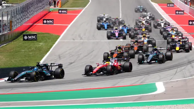 George Russell leads into the first corner at the Barcelona GP