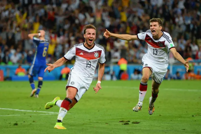 Mario Gotze and Thomas Muller celebrate for Germany in the World Cup final v Argentina