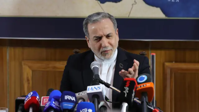 Iran's Foreign Minister Abbas Araghchi addresses a press conference after attending the BRICS Foreign Ministers' Meeting, at the Embassy of the Islamic Republic of Iran in New Delhi, India, 15 May 2026.