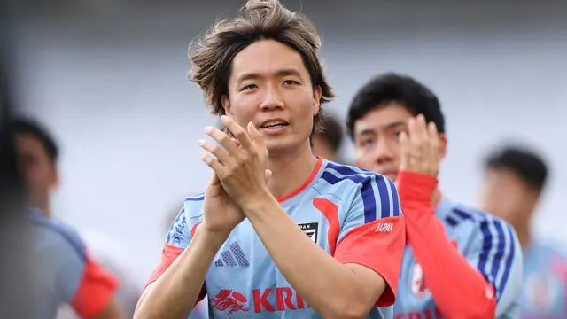Ko Itakura #4 of Japan reacts during an open practice ahead of the 2026 World Cup in Geodis Park on June 08, 2026 in Nashville, Tennessee.