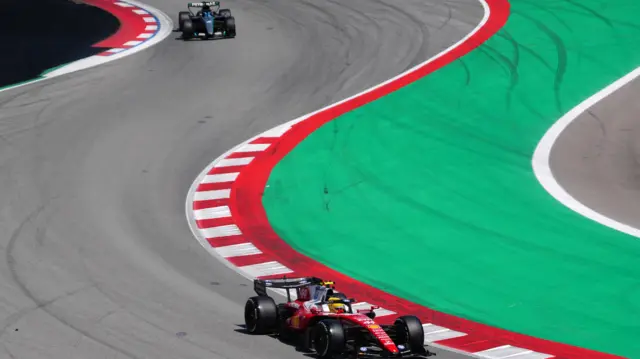 Hamilton leads Russell during the Barcelona GP