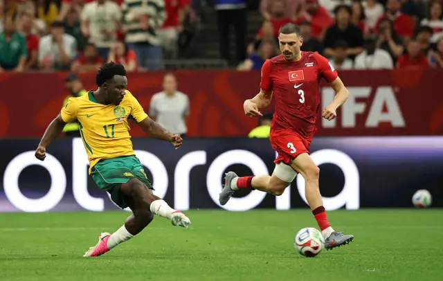 Nestory Irankunda #17 of Australia scores his team's first goal during the FIFA World Cup 2026 Group D match between Australia and Türkiye at BC Place Vancouver