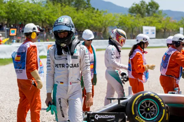 Nico Rosberg walks away from his crashed Mercedes in 2016