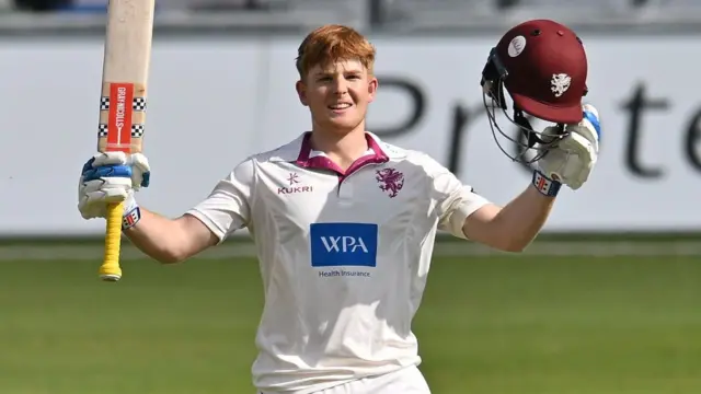 Thomas Rew celebrates his maiden century