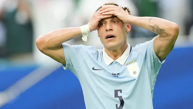 Manuel Ugarte of Uruguay gestures