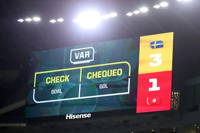 The big screen displays the result of the VAR review on Sweden's fourth goal scored by Mattias Svanberg