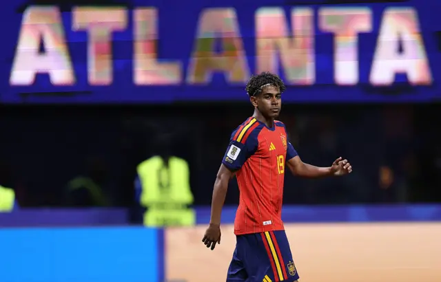 Lamine Yamal #19 of Spain looks on