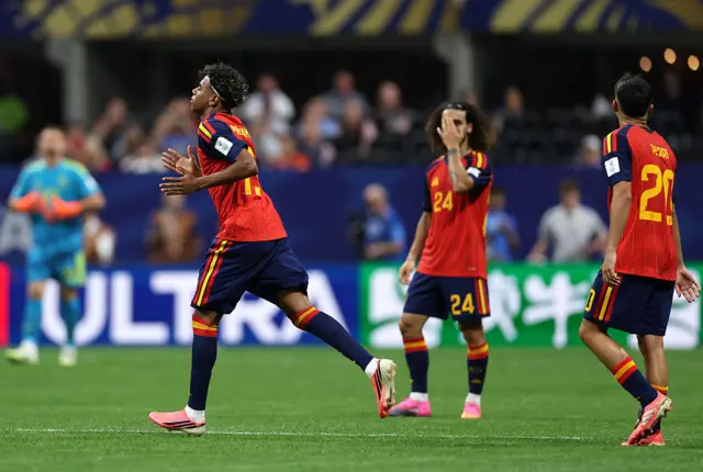Lamine Yamal #19 of Spain reacts as he is substituted