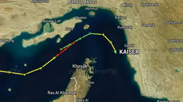 A screenshot from MarineTraffic showing the ship Kaiser heading south-east out of the Strait of Hormuz towards the Gulf of Oman