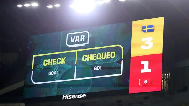 A VAR screen shows a goal being checked