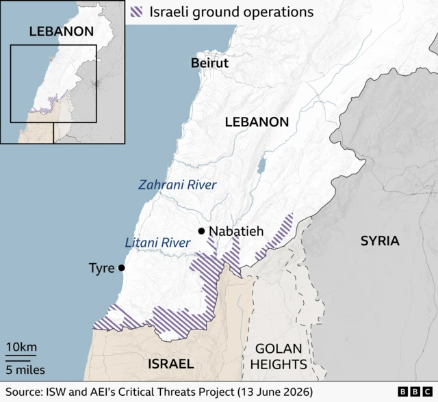 A map of southern Lebanon showing towns, rivers and borders near Israel and the Golan Heights. A shaded areas shows where ISW analysis puts Israeli ground operations along the south of Lebanon. Major towns are marked with black dots, including Beirut on the coast in the north and Tyre on the coast in the south and Nabatieh inland. The Zahrani and Litani Rivers are labelled in blue, flowing west to the Mediterranean Sea. The southern border with Israel is shown, and the Golan Heights lies to the southeast, and Syria to the east.