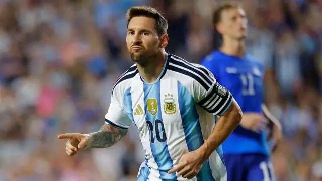 Lionel Messi of Argentina celebrates after scoring the team's second goal during the international friendly match between Argentina and Iceland at Jordan-Hare Stadium on June 09, 2026 in Auburn, Alabama.