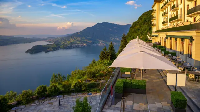 Wide shot of Lake Lucerne in Switzerland taken from the resort of Burgenstock