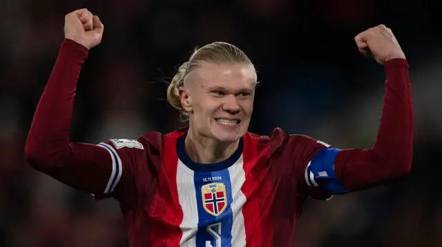 Erling Haaland of Norway celebrates as Norway take the lead through Alexander Sorloth