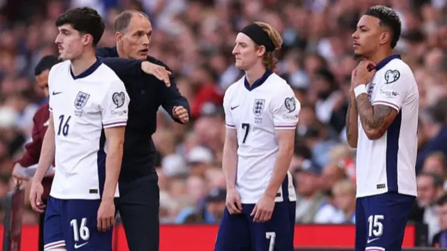 Thomas Tuchel the head coach / manager of England instructs Tino Livramento, Anthony Gordon and Morgan Rogers of England during the FIFA World Cup 2026 qualifier match between England and Andorra at Villa Park on September 6, 2025 in Birmingham, England.