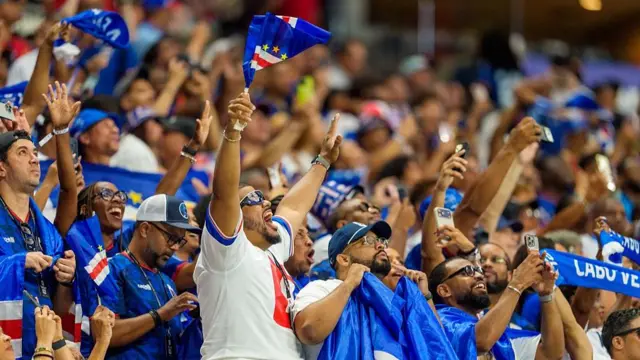 Cabo Verde fans celebrate during the FIFA World Cup 2026 Group H match between Spain and Cabo Verde at Atlanta Stadium on June 15, 2026 in Atlanta, Georgia.
