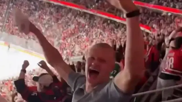 Haaland celebrates one of Andrei Svechnikov's two goals against the Vegas Golden Knights