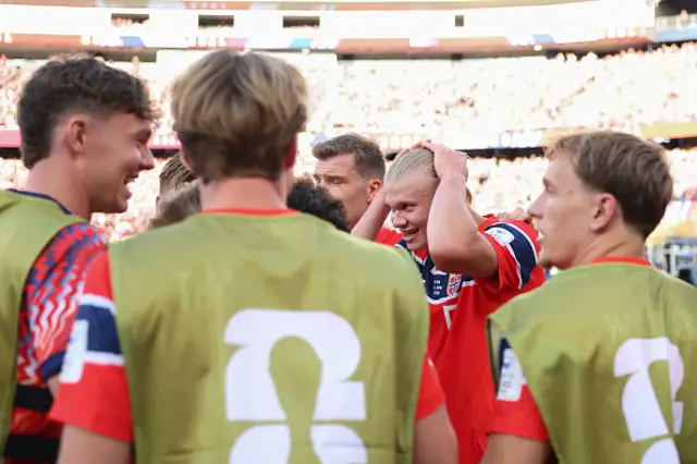 Erling Haaland #9 of Norway celebrates with teammates