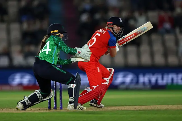 Heather Knight of England bats during the ICC Women's T20 World Cup Group B match between England and Ireland at Hampshire Bowl