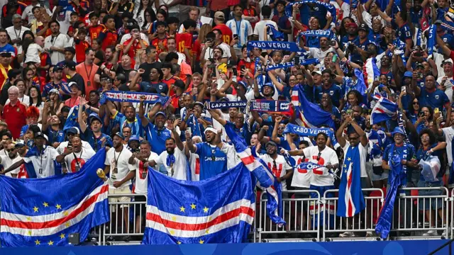 Cape Verde fans celebrate during the FIFA World Cup 2026 Group H match between Spain and Cape Verde on June 15th, 2026 at Atlanta Stadium in Atlanta, GA