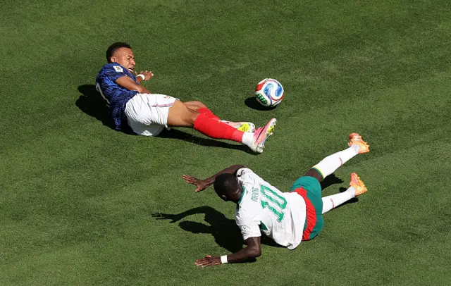 Kylian Mbappe #10 of France reacts after a challenge