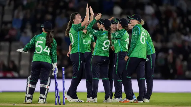 Ireland's Orla Prendergast celebrates the wicket of England's Alice Capsey during the ICC T20 World Cup match at the Hampshire Bowl, Southampton
