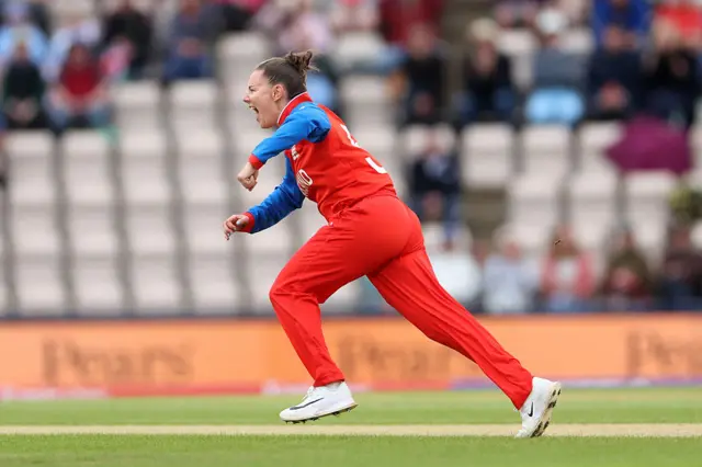 Lynsey Smith celebrates as she gets first wicket against Ireland
