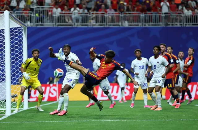 Pau Cubarsi of Spain shoots and misses a chance