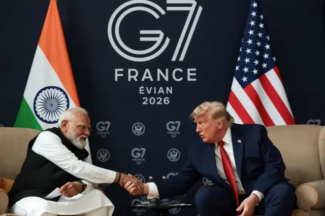 U.S. President Donald Trump attends a bilateral meeting with Indian Prime Minister Narendra Modi during the G7 Summit in Evian-les-Bains, France