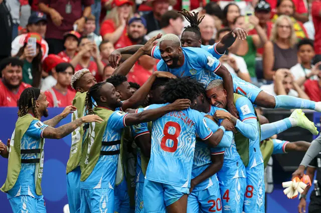 DR Congo celebrate Yoane Wissa's goal