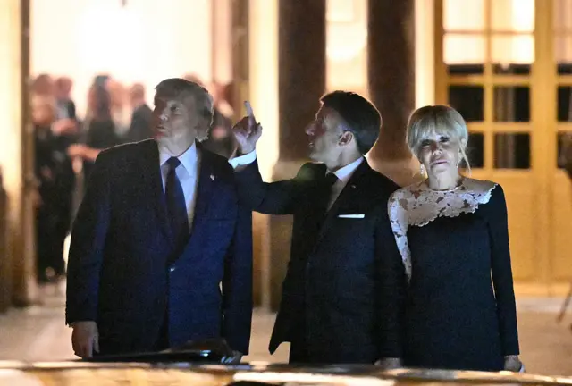 Donald Trump, Emmanuel Macron and Brigitte Macron leave Versailles