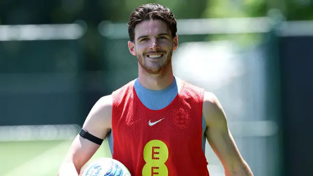 Declan Rice #4 of England looks on during a Training Session during the England World Cup 2026 Camp on June 15, 2026 in Kansas City, Kansas