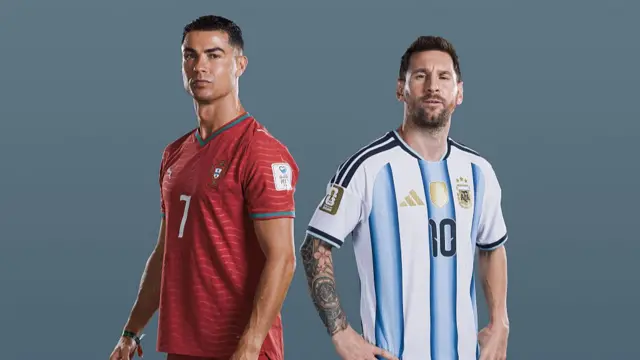 In this composite image released on June 15, a comparison has been made between (L-R) Cristiano Ronaldo of Portugal and Lionel Messi of Argentina, who are posing during the official FIFA World Cup 2026 portrait sessions on June 14, 2026 in Kansas City and June 11, 2026 in Palm Beach, Florida. The two football legends are preparing to take part in their final FIFA World Cup