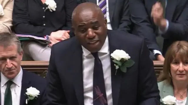 Deputy prime minister David Lammy pictured mid-speech as he stands in the House of Commons