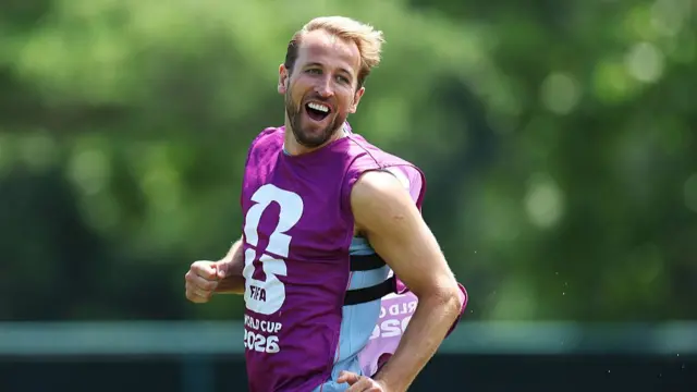 Harry Kane #9 of England reacts during a Training Session during the England FIFA World Cup 2026 Camp on June 16, 2026 in Kansas City, Kansas.