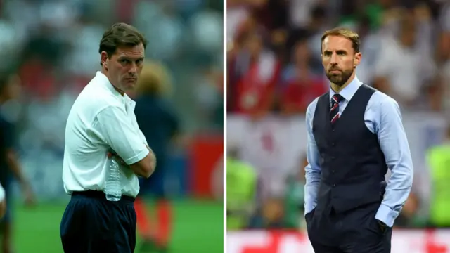 A graphic showing Glen Hoddle and Gareth Southgate, each managing at the World Cup