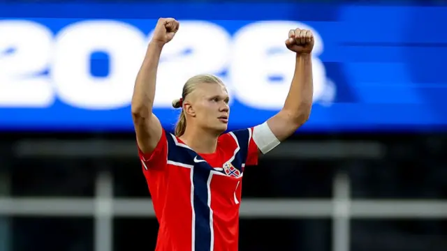 Erling Haaland #9 of Norway celebrates after the 4-1 win