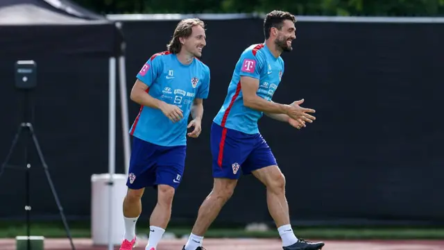 Luka Modric and Mateo Kovacic of Croatia during the training session of Croatian national football team at training centre at Episcopal High School on June 13, 2026 in Alexandria, Virginia