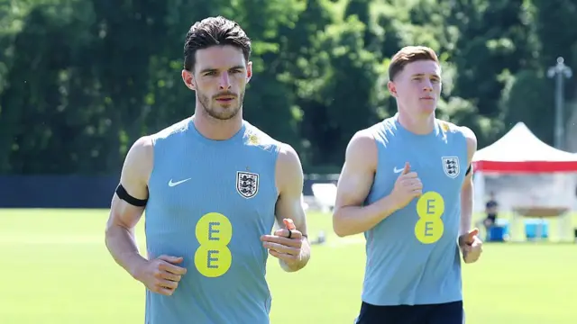 Declan Rice and Elliot Anderson #8 of England look on during a England Training Session on June 14, 2026 in Kansas City, Kansas.