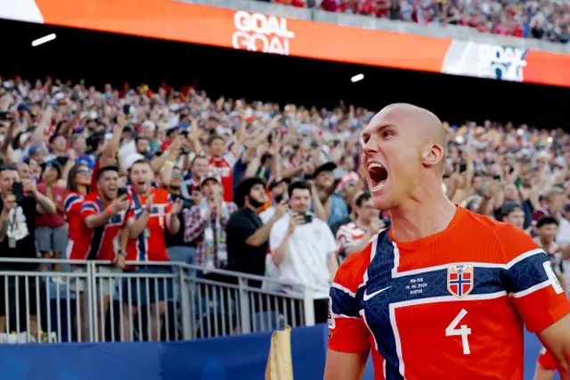 Leo Ostigard of Norway celebrates