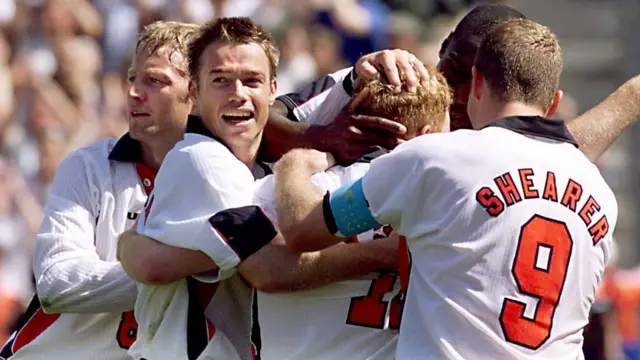 England celebrate a Paul Scholes goal in their opening game against Tunisia at the 1998 World Cup