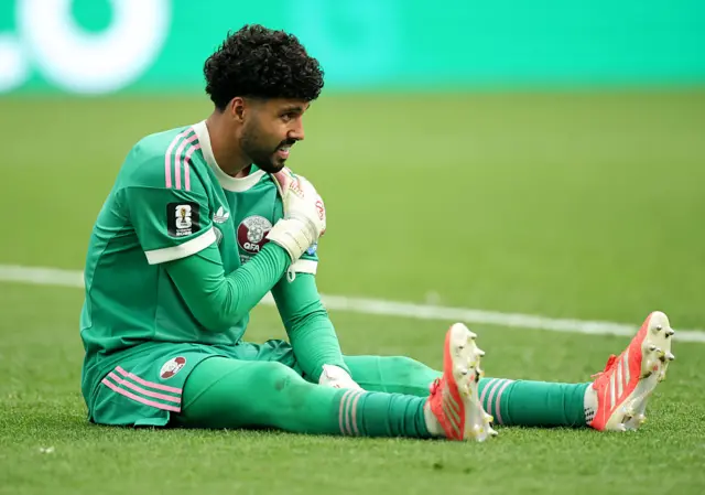 Mahmoud Abunada #1 of Qatar reacts during the FIFA World Cup 2026 Group B match between Canada and Qatar