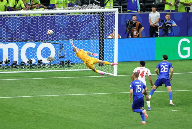 Jordan Pickford of England concedes a goal to Martin Baturina