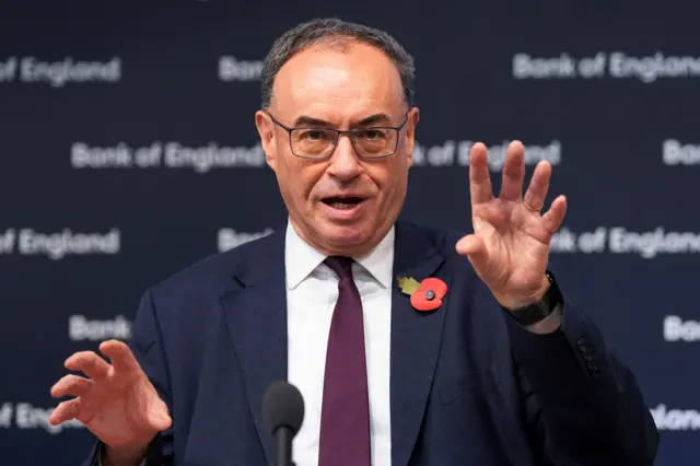 Bank of England Governor Andrew Bailey gestures during the Monetary Policy Report press conference, in London
