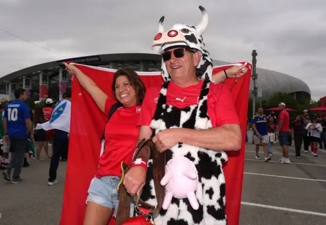 A Swiss fan dressed as a cow